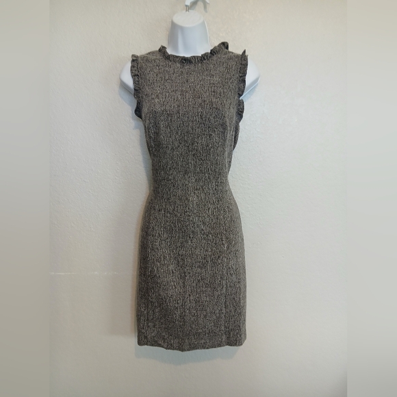 LOFT Grey & Black Tweed Sleeveless Sheath Dress Ruffle Neck & Sleeves. Cotton - Picture 4 of 9